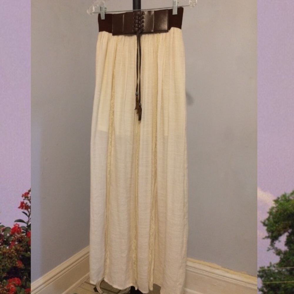 White Lace Maxi Skirt with Brown Elastic Belt